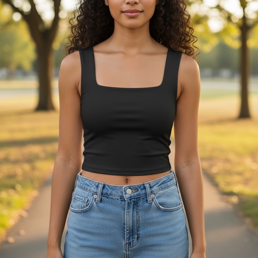 ReoRia Elegant Black Square Neck Crop Top (A267)